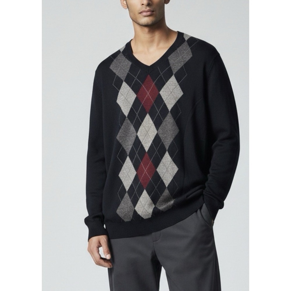 Banana Republic Mens L 100% Merino Wool Argyle V-Neck Sweater Navy Blue Classic